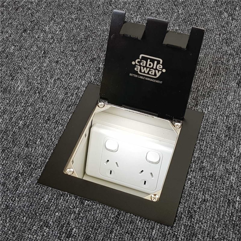 Floor Outlet Box 1 Standard GPO Stainless Steel Black Flush Lid (Square Edge) 145 Series