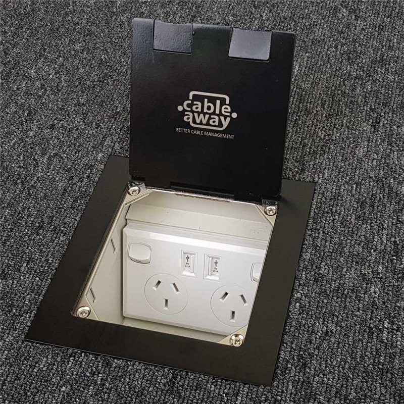Floor Outlet Box 1 Standard GPO (2 X USB Charge) Stainless Steel Black Flush (Square Edge) 145 Series
