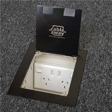 Floor Outlet Box 1 Standard GPO (2 X USB Charge) Stainless Steel Black Flush (Square Edge) 145 Series