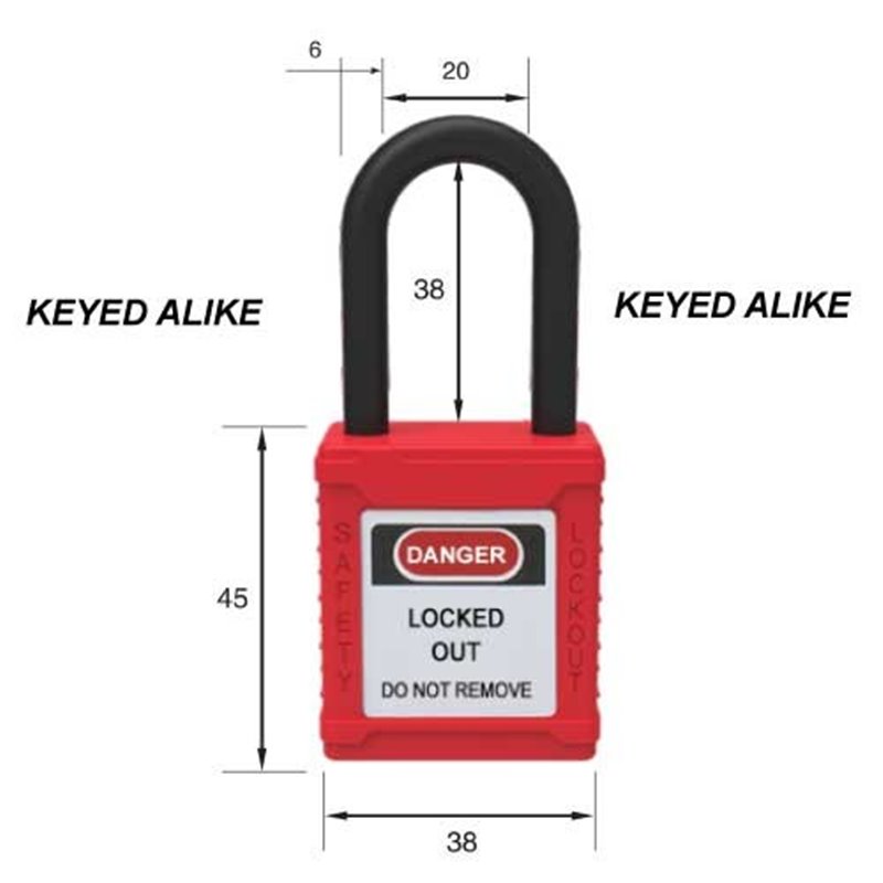 LOCKOUT NYLON PADLOCK (45x38x20) KEYED ALIKE RED