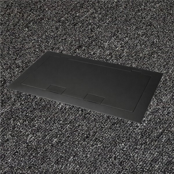 Floor Outlet Box 2 x 10amp Auto Swiched Outlets 3 x Data - Stainless Steel Black Flush Lid (Square Edge) 245 Series (Shallow)