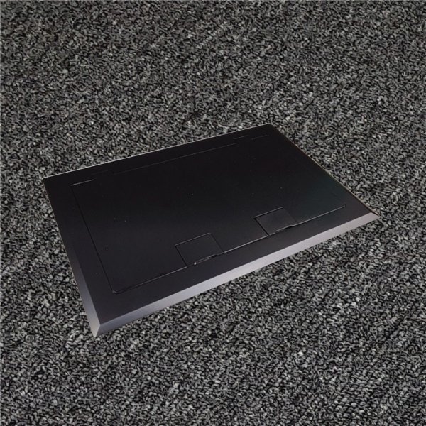 Floor Outlet Box 4 x 10amp Auto Swiched Outlets - Stainless Steel Black Flush Lid  245 Series (Shallow)