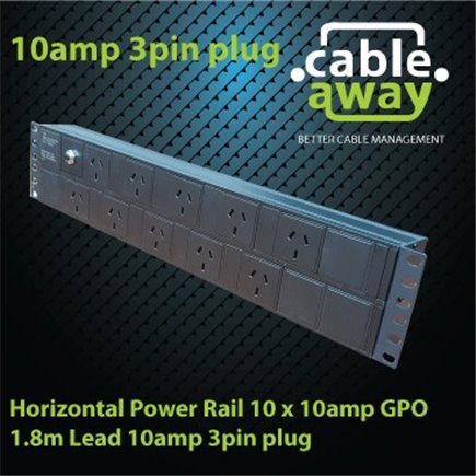 Horizontal Power Rail 10 x 10amp GPO 1.8m Lead 10amp 3pin plug